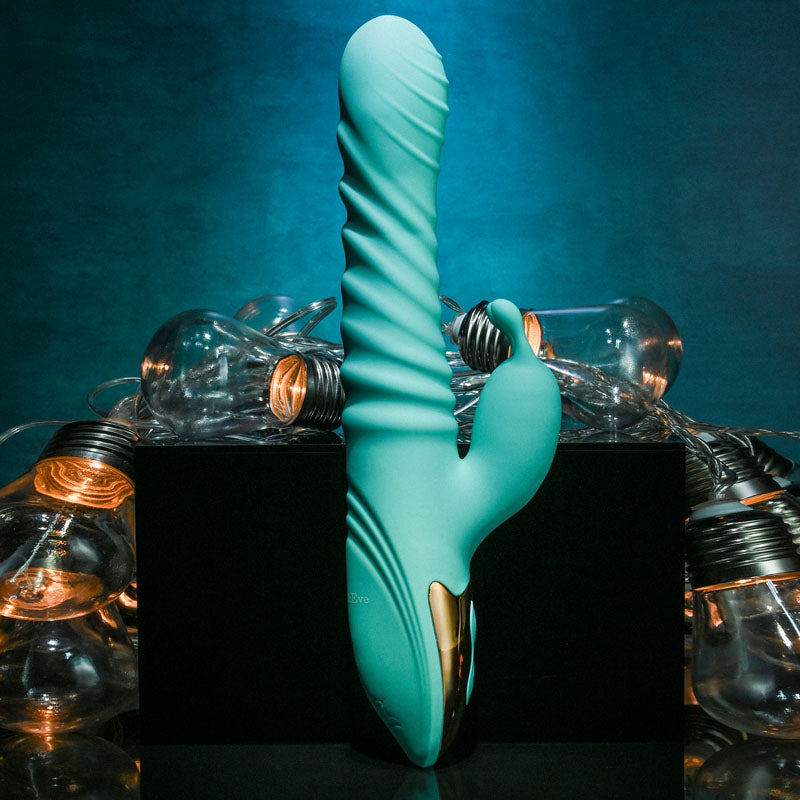 Adam & Eve HEAT ME UP Warming Rabbit Thruster - Teal 23.6 cm USB Rechargeable Warming Rabbit Vibrator