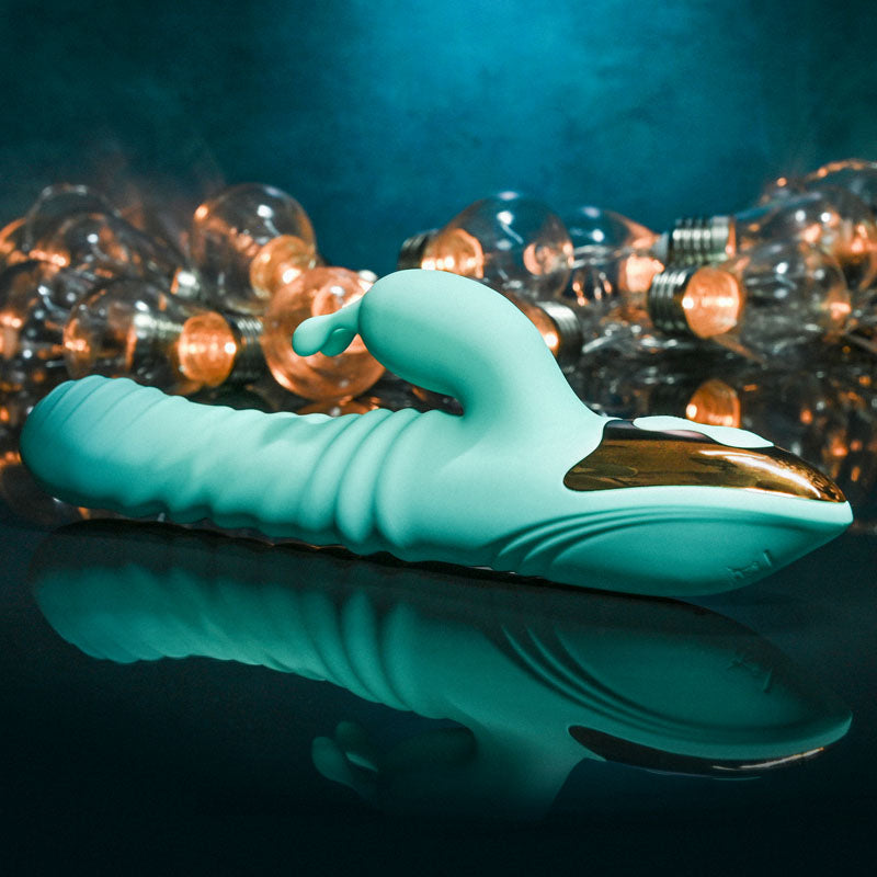 Adam & Eve HEAT ME UP Warming Rabbit Thruster - Teal 23.6 cm USB Rechargeable Warming Rabbit Vibrator