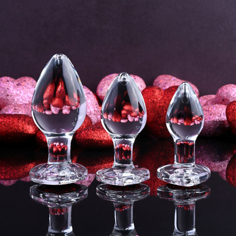 Adam & Eve RED HEART GEM GLASS PLUG SET - Clear Glass Butt Plugs - Set of 3 Sizes