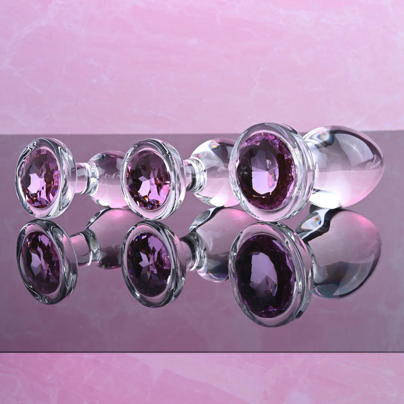 Adam & Eve PINK GEM GLASS PLUG SET - Clear Glass Butt Plugs - Set of 3 Sizes