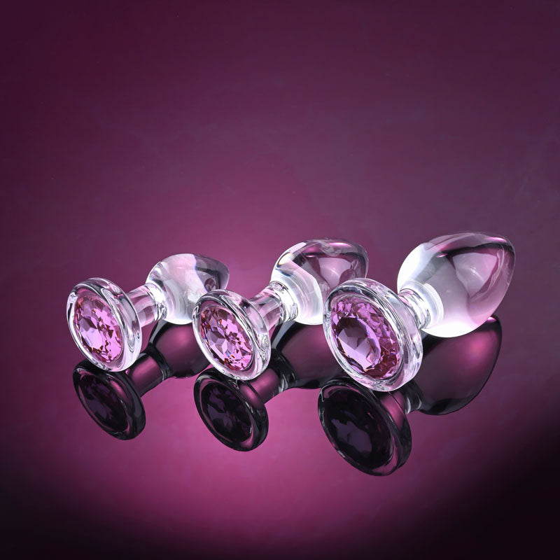 Adam & Eve PINK GEM GLASS PLUG SET - Clear Glass Butt Plugs - Set of 3 Sizes