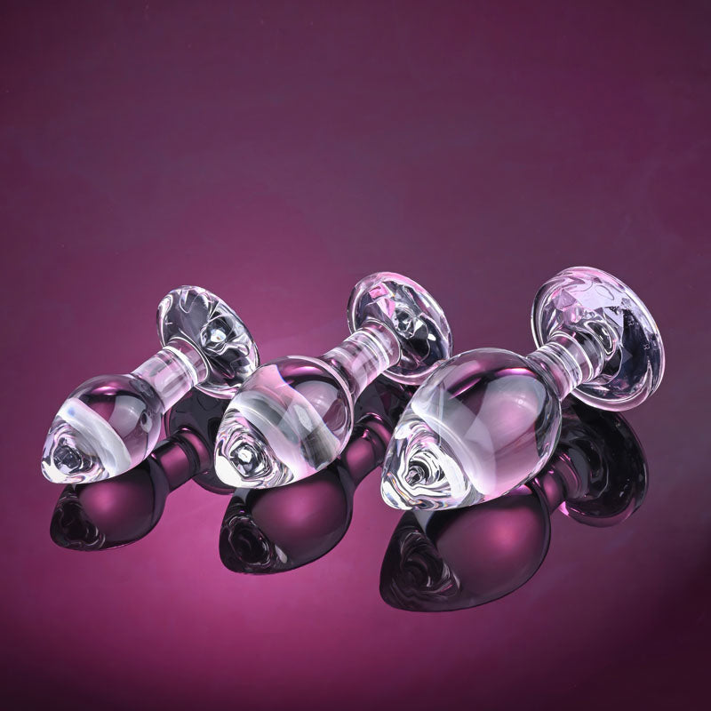 Adam & Eve PINK GEM GLASS PLUG SET - Clear Glass Butt Plugs - Set of 3 Sizes