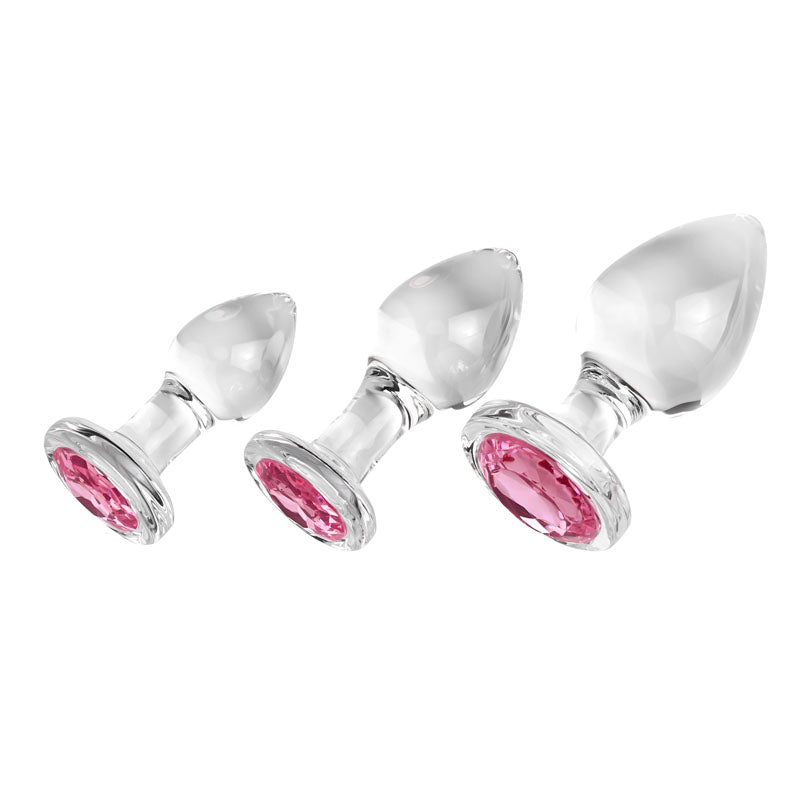 Adam & Eve PINK GEM GLASS PLUG SET - Clear Glass Butt Plugs - Set of 3 Sizes