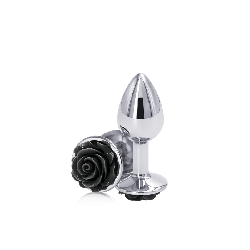 Rear Assets Rose - Small - Chrome 7.6 cm Metal Butt Plug with Black Rose Base