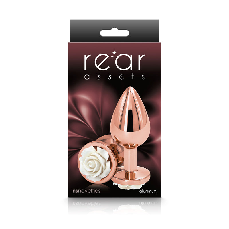 Rear Assets Rose - Medium - Rose Gold 8.9 cm Metal Butt Plug with White Rose Base