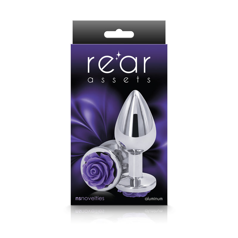 Rear Assets Rose - Medium - Chrome 8.9 cm Metal Butt Plug with Purple Rose Base