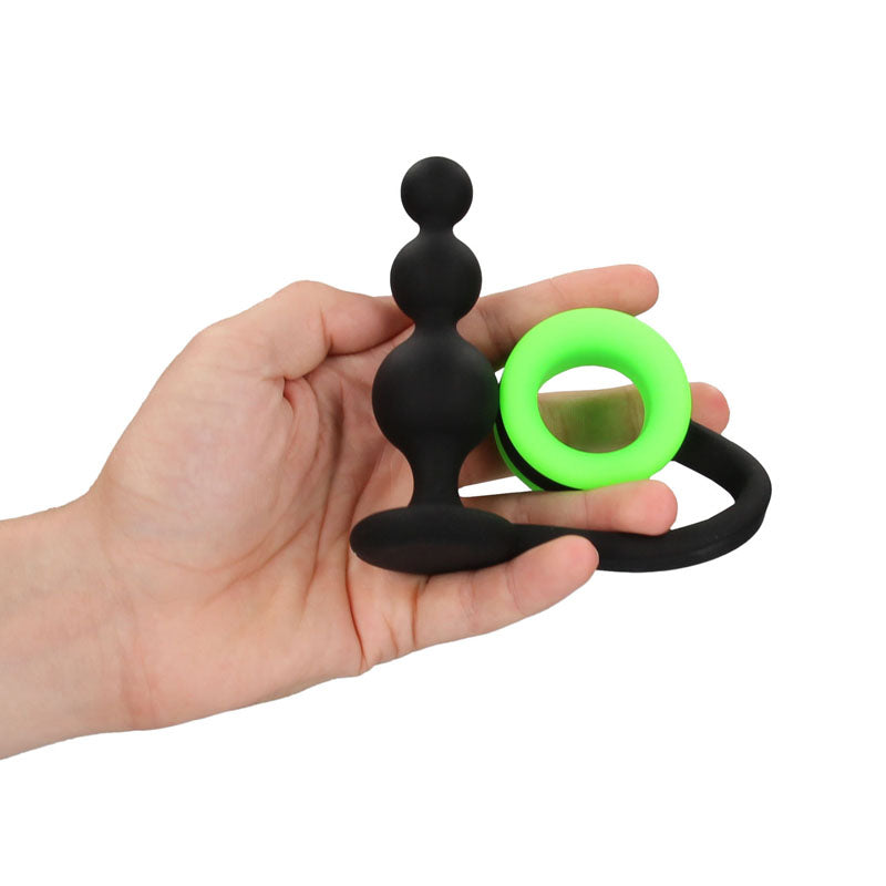 OUCH! Glow In The Dark Beads Butt Plug with Cock Ring - Black 11.2 cm Butt Plug with Glow In Dark Cock Ring