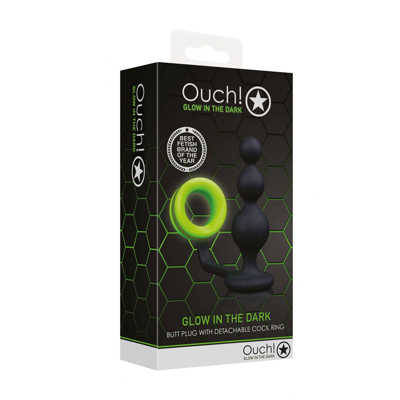 OUCH! Glow In The Dark Beads Butt Plug with Cock Ring - Black 11.2 cm Butt Plug with Glow In Dark Cock Ring