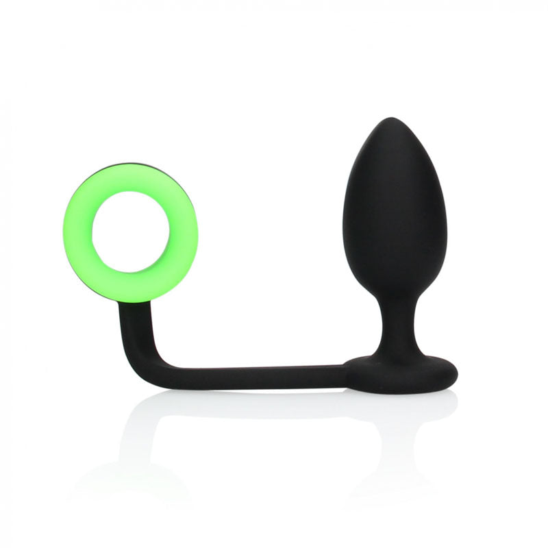 OUCH! Glow In The Dark Butt Plug with Cock Ring - Black 9.8 cm Butt Plug with Glow in Dark Cock Ring