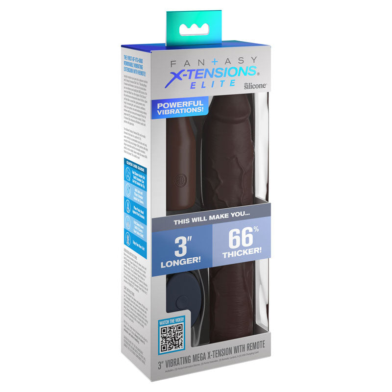 Fantasy X-Tensions Elite Vibrating Mega X-tension with Remote - Brown - Brown 7.6 cm USB Rechargeable Vibrating Penis Extender Sleeve